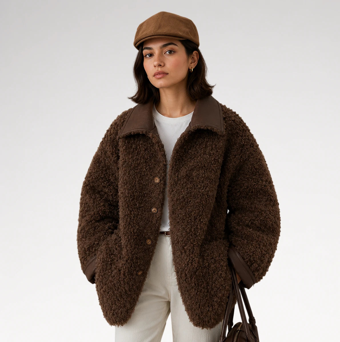 A woman wearing a brown teddy-textured shearling jacket with brown collar and button details, a brown newsboy cap, a white top, and off-white trousers, holding a dark brown shoulder bag against a light gray studio background.