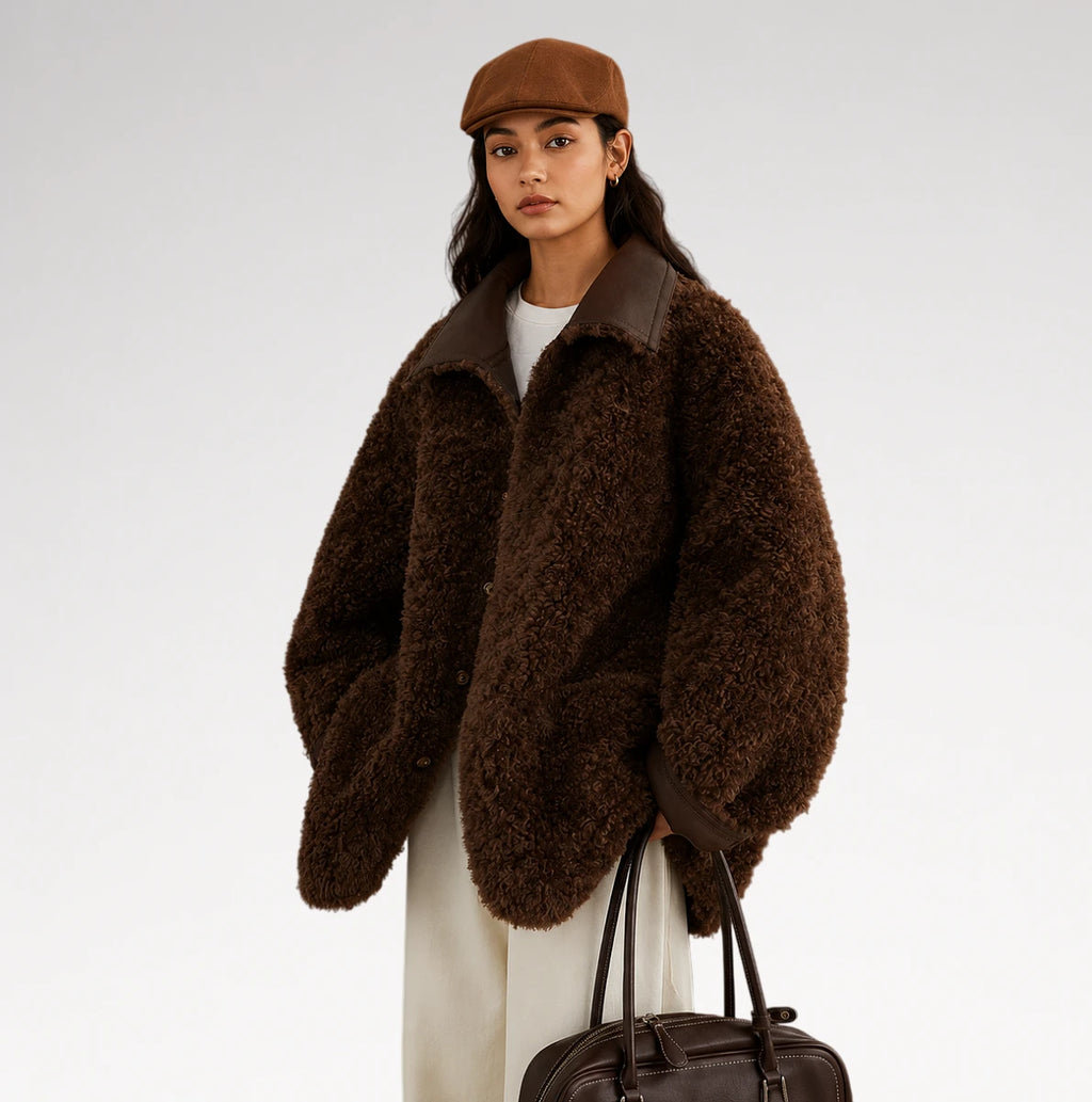 A model wearing an oversized dark brown curly faux-fur jacket with contrasting smooth brown collar and cuffs, styled with a brown flat cap, cream trousers, and a dark brown leather handbag against a light gray studio background.