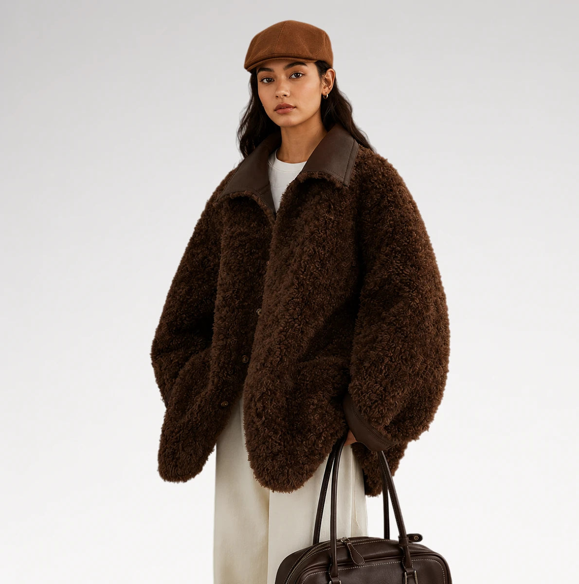 A model wearing an oversized dark brown curly faux-fur jacket with contrasting smooth brown collar and cuffs, styled with a brown flat cap, cream trousers, and a dark brown leather handbag against a light gray studio background.