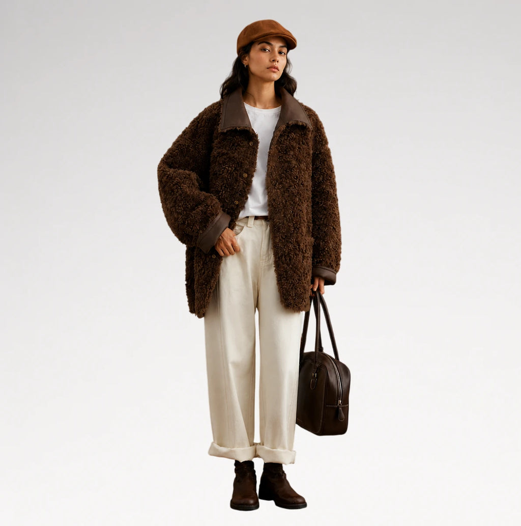 A model stands against a light gray studio background wearing a brown textured teddy-fur jacket with dark brown trim, a white top, cream wide-leg trousers, dark brown ankle boots, a brown flat cap, and carrying a dark brown leather bag.