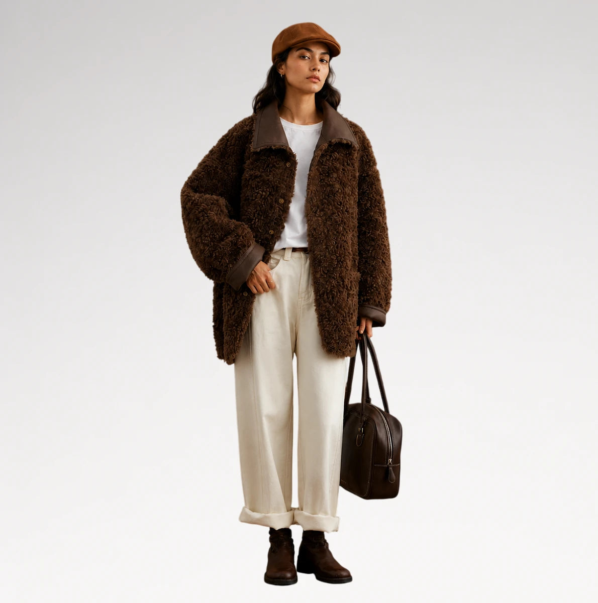 A model stands against a light gray studio background wearing a brown textured teddy-fur jacket with dark brown trim, a white top, cream wide-leg trousers, dark brown ankle boots, a brown flat cap, and carrying a dark brown leather bag.
