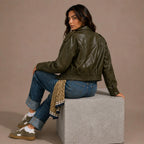 Women Olive Green Cropped Leather Jacket