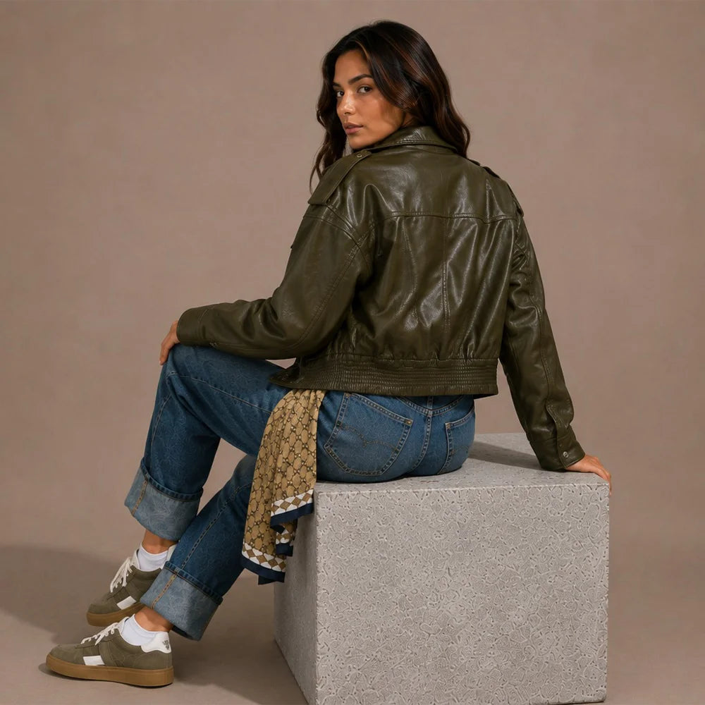 Women Olive Green Cropped Leather Jacket