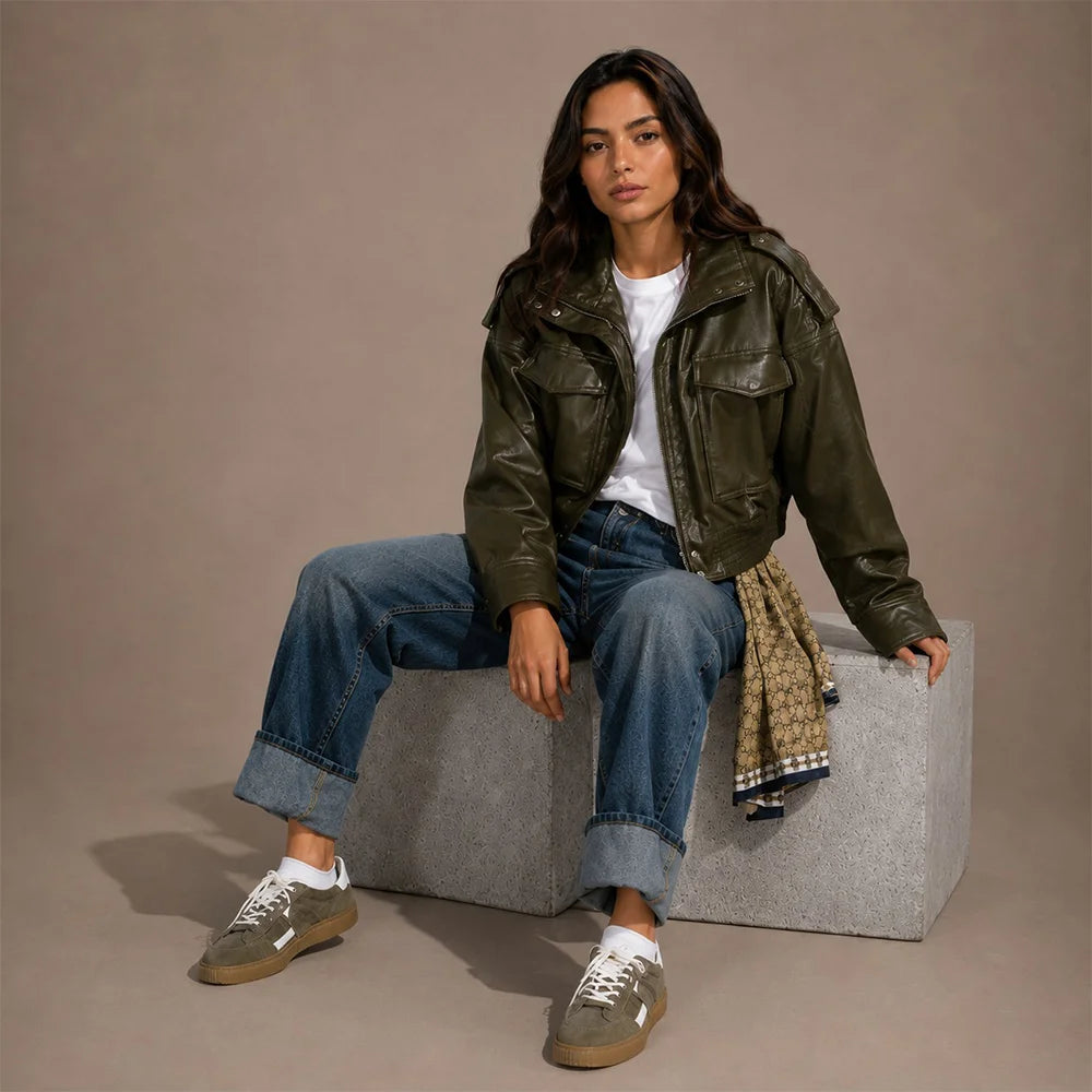 Women Olive Green Cropped Leather Jacket