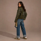 Women Olive Green Cropped Leather Jacket