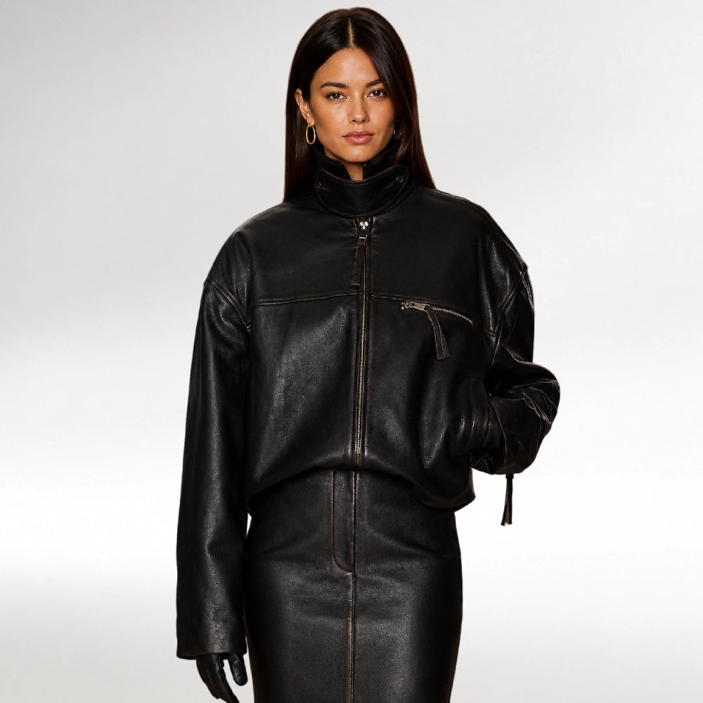 Ribelle Dark Brown Oversized Biker Leather Jacket Main image