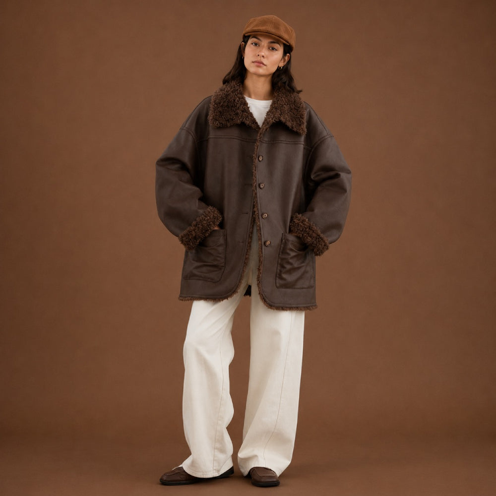 Person wearing a brown coat with fur trim and white pants on a brown background
