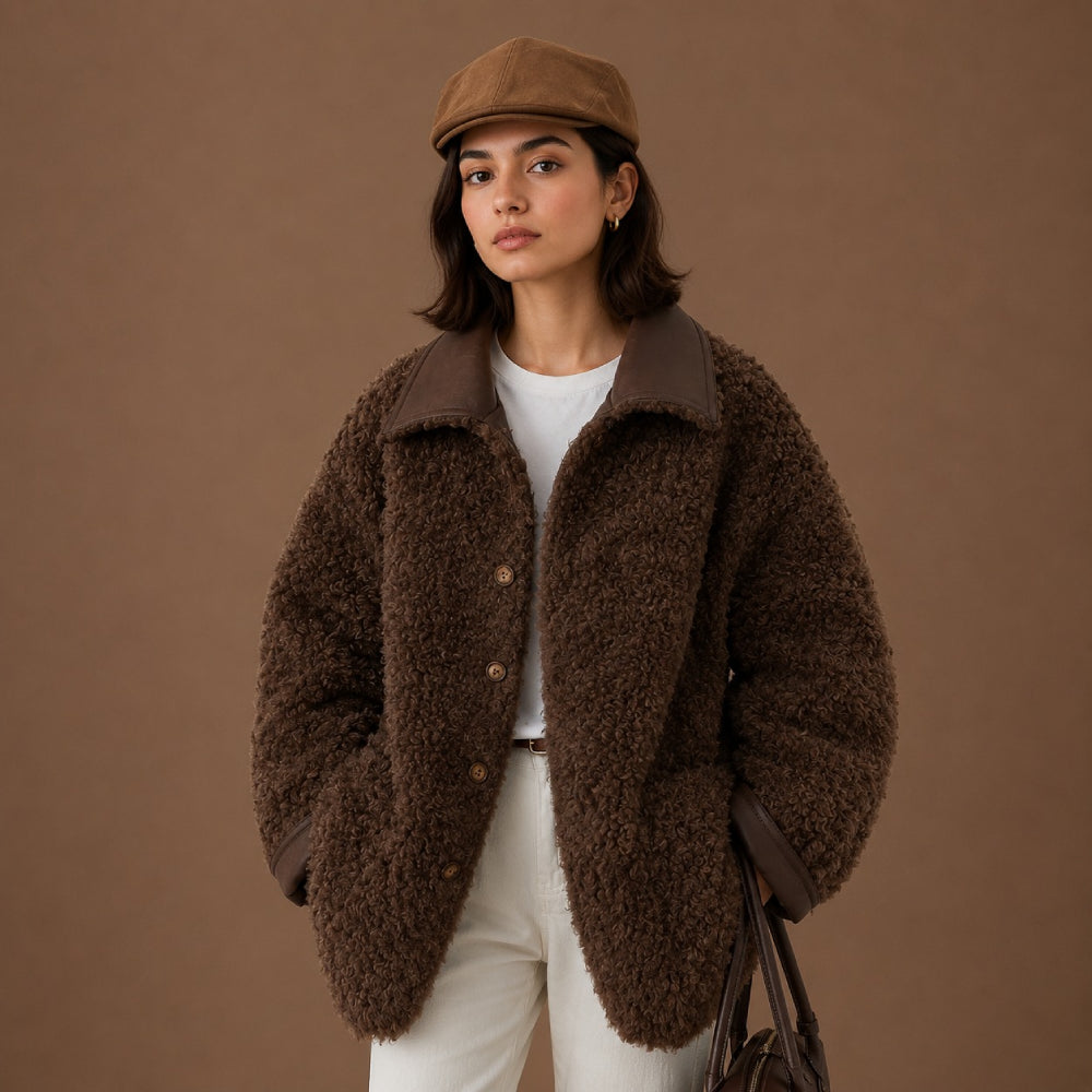 Woman wearing a brown teddy coat and cap against a brown background