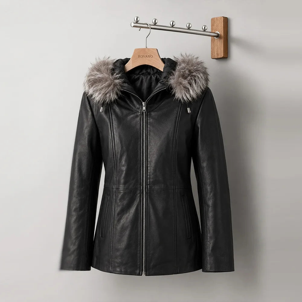 Women Black Trim Shearling Hooded Leather Jacket