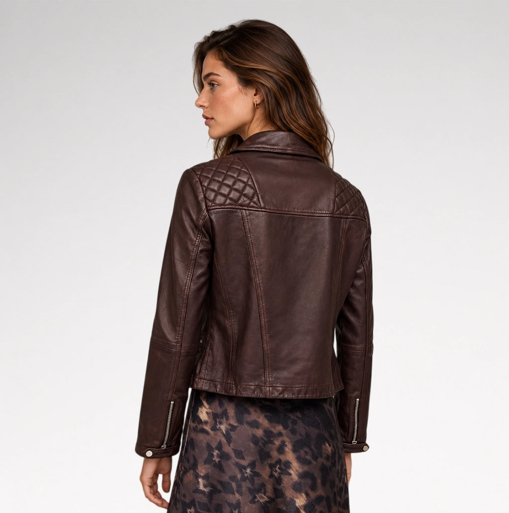 Vinaccia Distressed Mahogany Red Quilted Biker Leather Jacket
