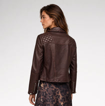 Vinaccia Distressed Mahogany Red Quilted Biker Leather Jacket