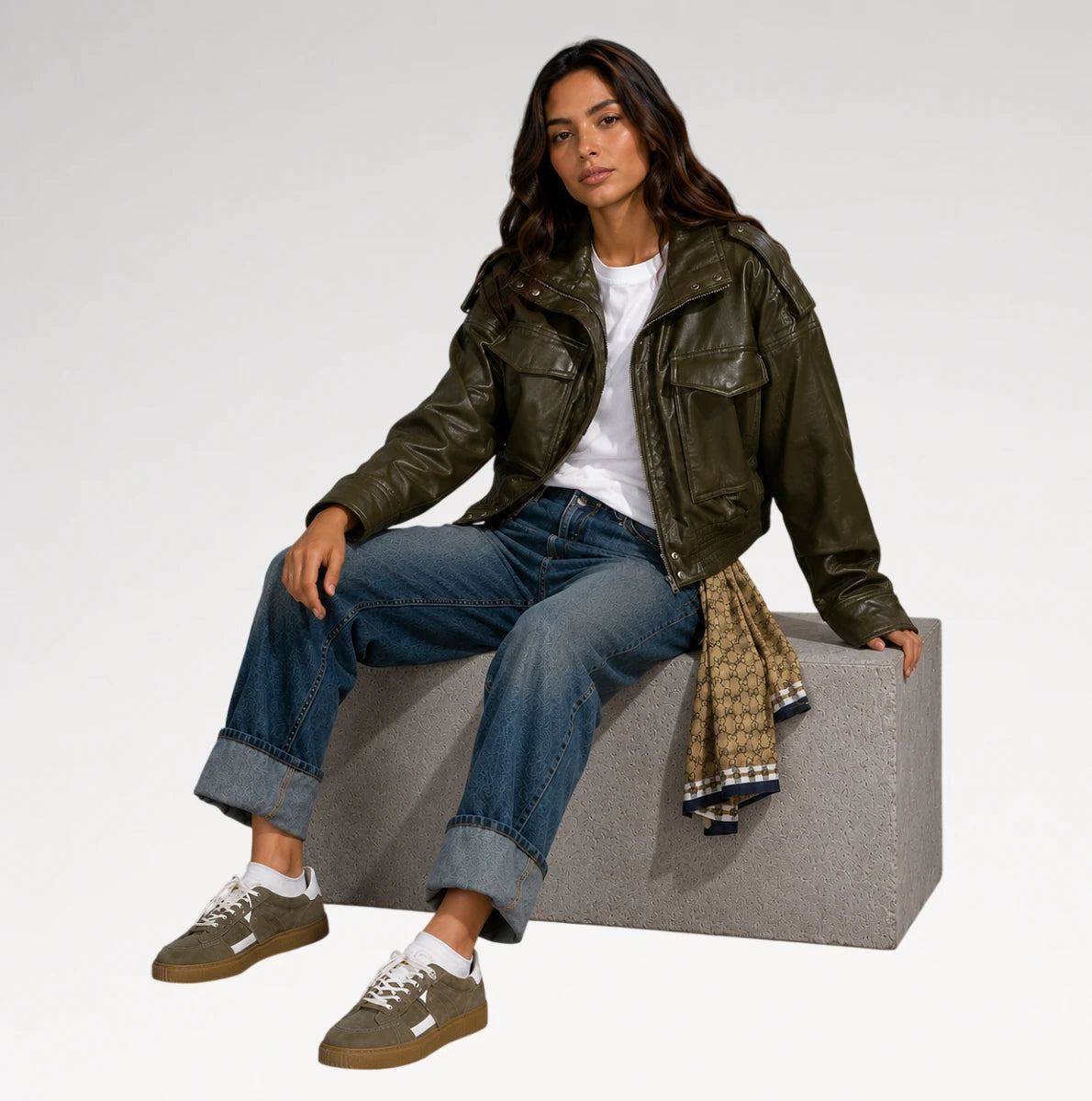 A woman models an olive green leather jacket, blue jeans, and brown sneakers while sitting on a gray block against a light gray studio background.