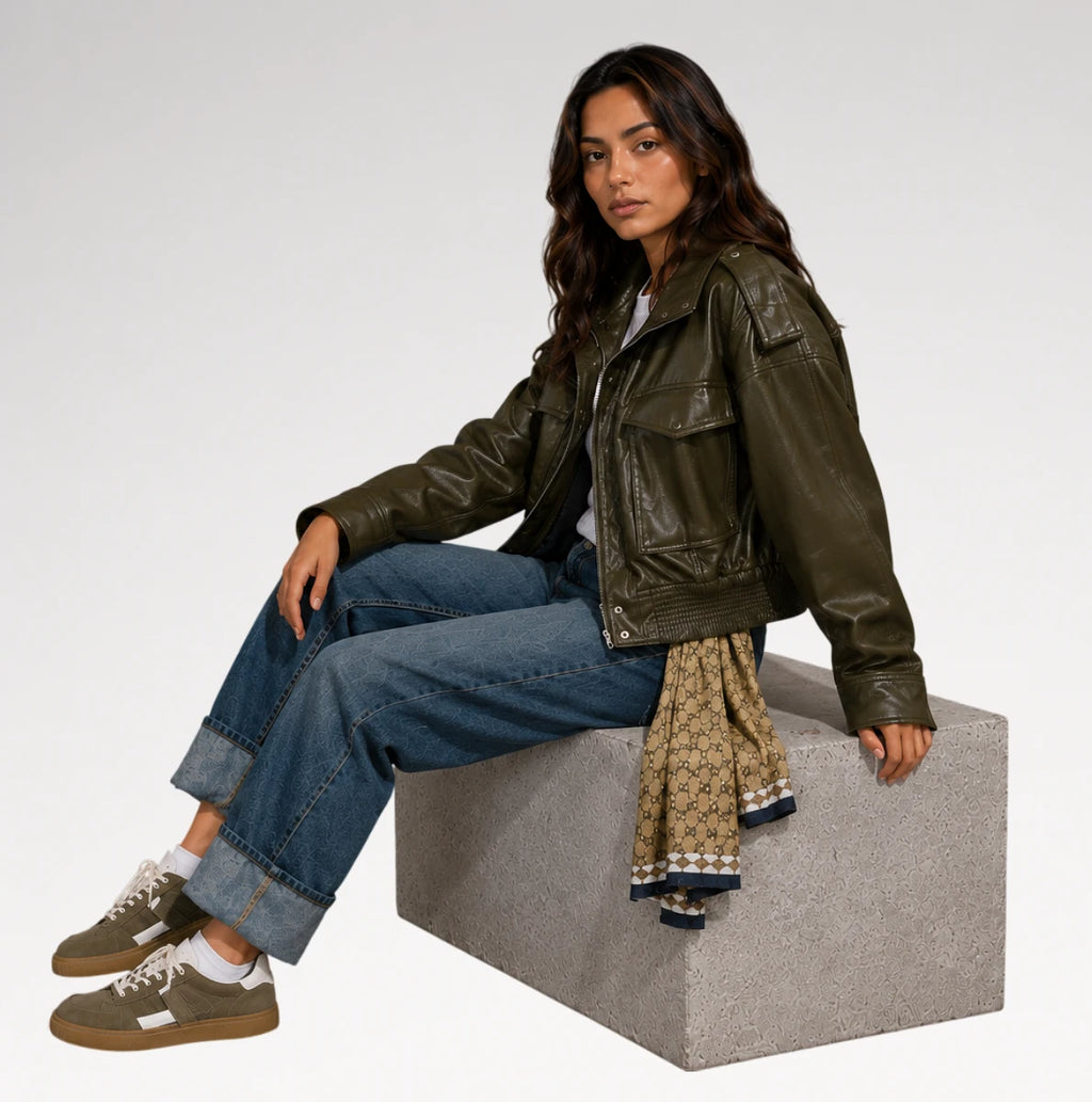 A woman sits on a gray concrete block wearing an olive green leather jacket, blue jeans, and brown sneakers, with a patterned scarf draped over the block against a light gray studio background.