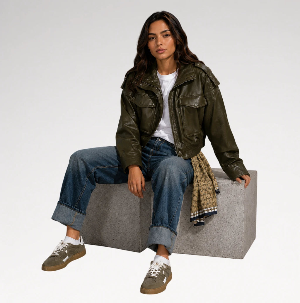 A woman sits on a gray block wearing an olive green leather jacket, blue jeans, white t-shirt, and brown sneakers. A patterned scarf is draped over her leg against a clean white studio background.