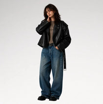 Neroceano Black Vintage Oversized Motorcycle Leather Jacket