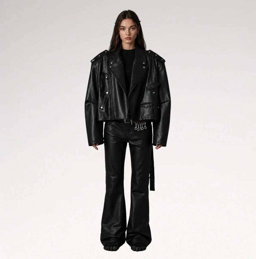 Neroceano Black Vintage Oversized Motorcycle Leather Jacket