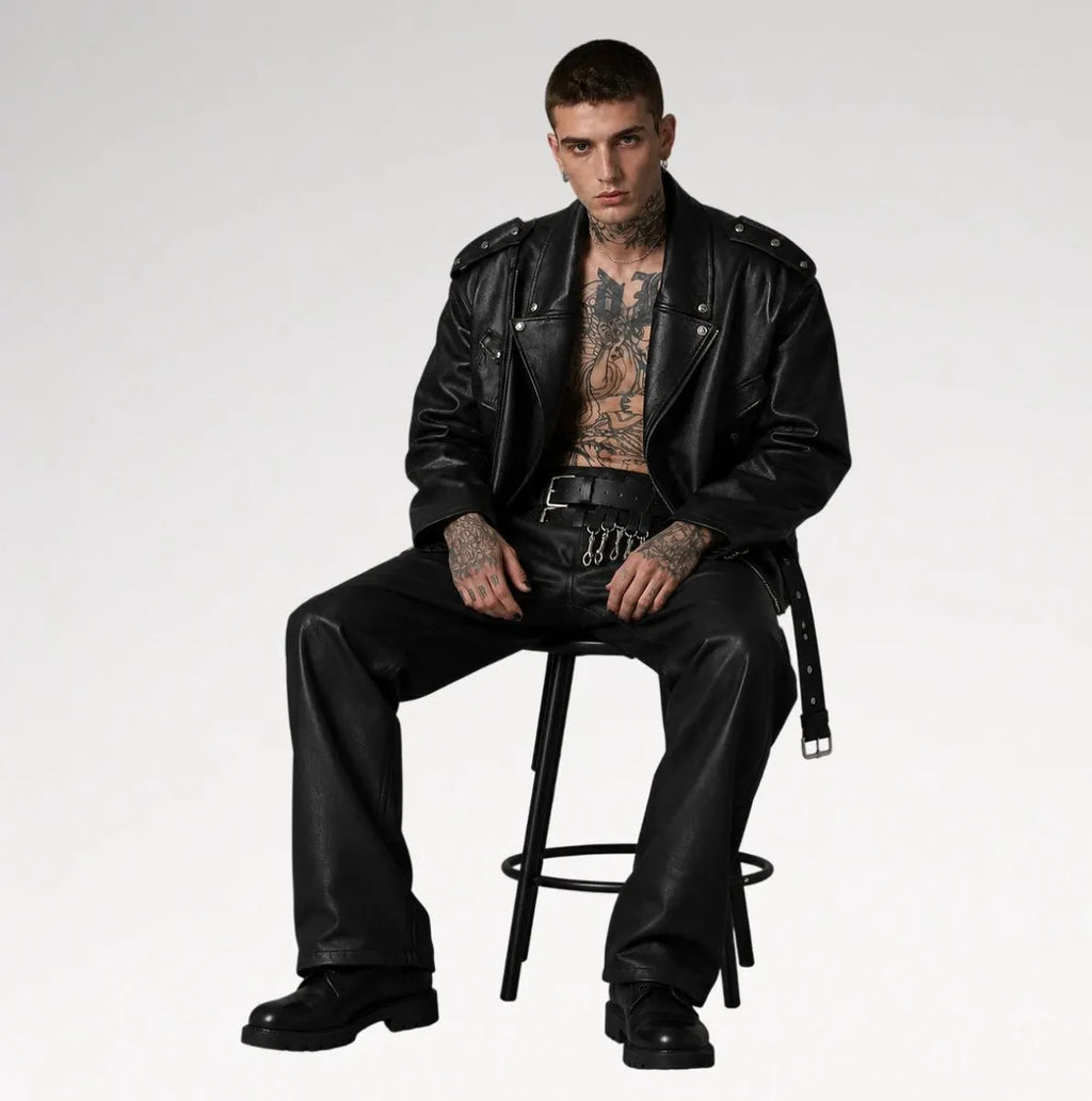 Neroceano Black Vintage Oversized Motorcycle Leather Jacket