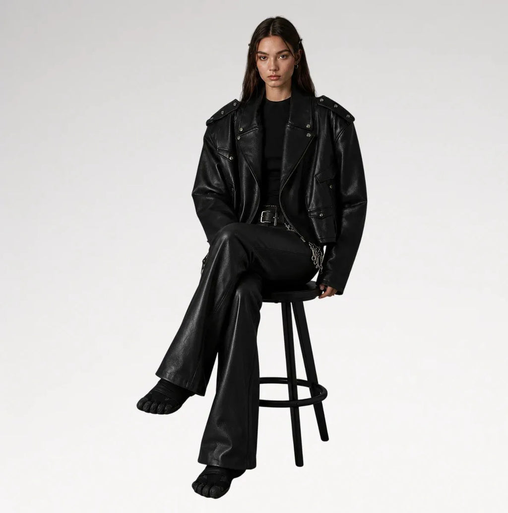 Neroceano Black Vintage Oversized Motorcycle Leather Jacket