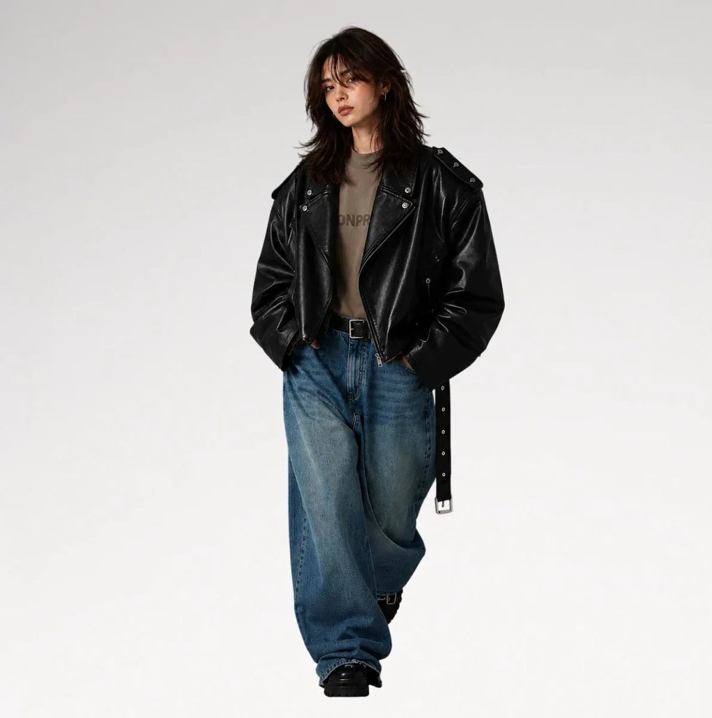 Neroceano Black Vintage Oversized Motorcycle Leather Jacket